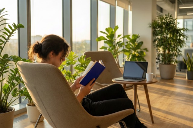 An office worker recovering in a bright breakout area