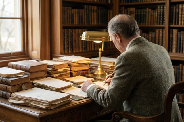 A writer absorbed in deep work at a warm desk