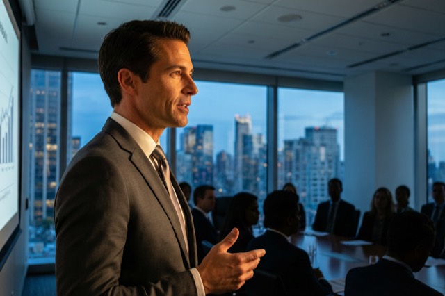 A leader presenting before a boardroom window