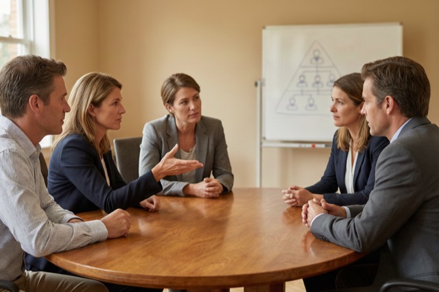 An executive team in candid discussion around a table