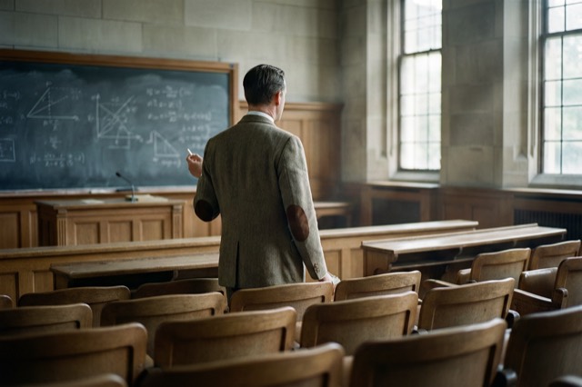 A professor lecturing in a mid-century hall