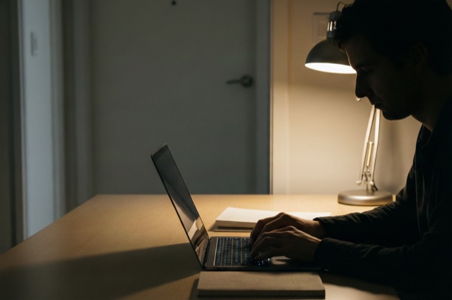A person in silhouette absorbed in focused laptop work