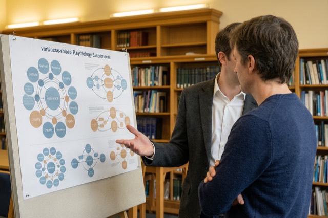 Two scholars discussing beside a research poster