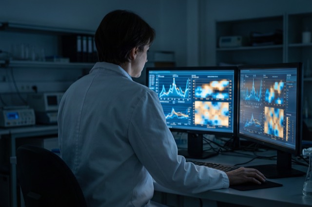 A researcher studying emotion data charts on lab monitors