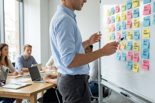 A facilitator guiding a team at a whiteboard